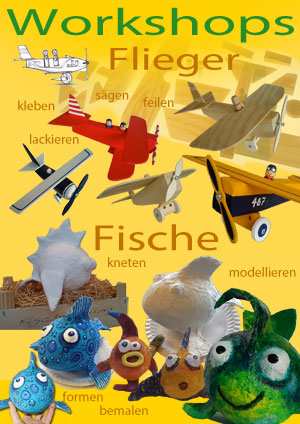 Holzflugzeuge und Gips-Fische als Modell und Skulptur